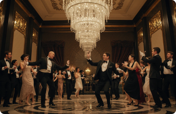 Gatsby style gaming area with polished chrome details, geometric patterns, and vintage casino atmosphere