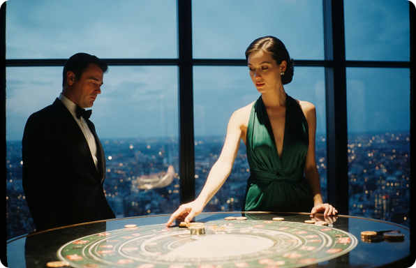 High-stakes Bond inspired gaming area with precision lighting and sophisticated casino atmosphere