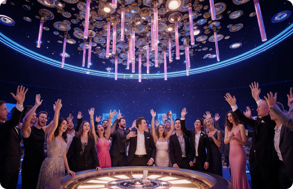 Vegas Vibe themed casino with vibrant neon-inspired lighting, modern lounge seating, and high-energy atmosphere