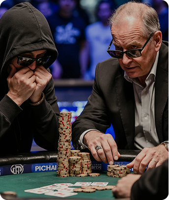 Professional poker setup with green felt table, stacks of colorful chips, and playing cards in an intimate casino setting