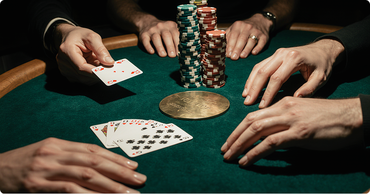 A professional poker table setup with green felt, stacks of poker chips, and playing cards, set in an ambient casino environment
