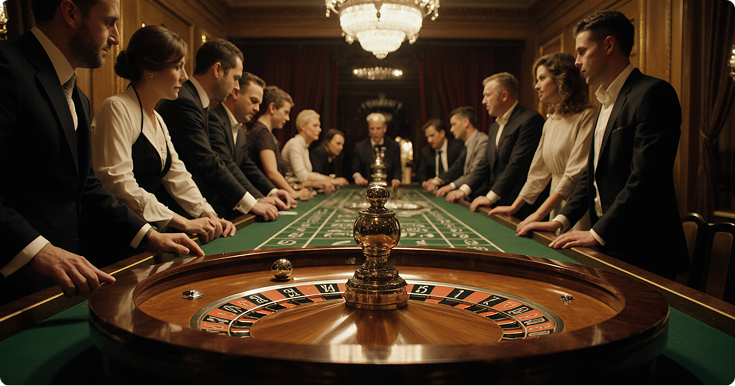 Classic roulette wheel with red and black numbered slots and a silver ball, set on a casino table with a betting layout