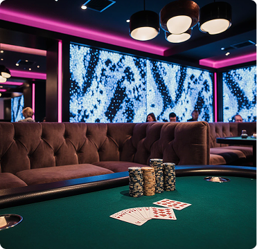 The Vegas Vibe concept with vibrant neon-inspired lighting, sleek modern design, and high-energy casino atmosphere