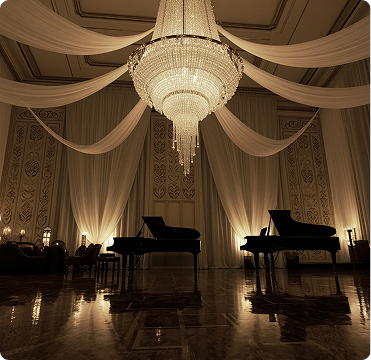 The Great Gatsby concept with art deco design, crystal chandeliers, champagne-gold lighting, and Jazz Age opulence